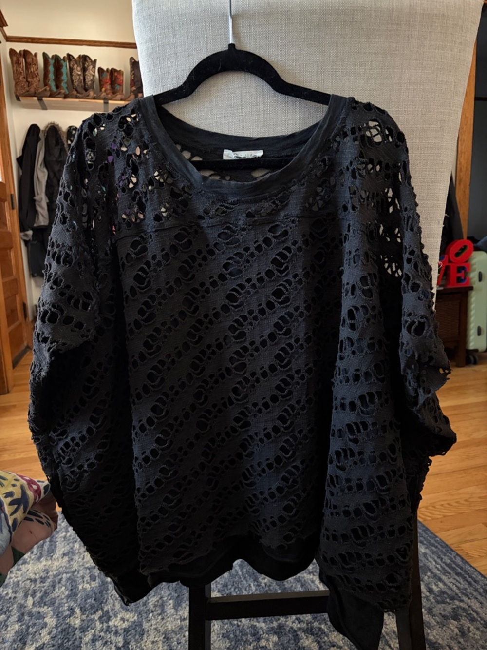 Oli & Hali Black Crochet Overlay Women's Top